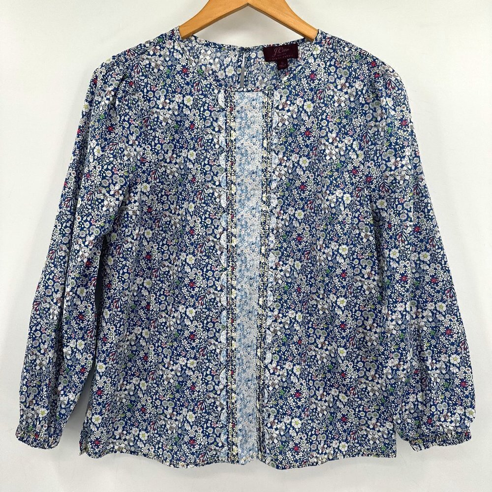 J. Crew Liberty London Blue Floral Scoop Neck Long Sleeve Popover Small Bouse